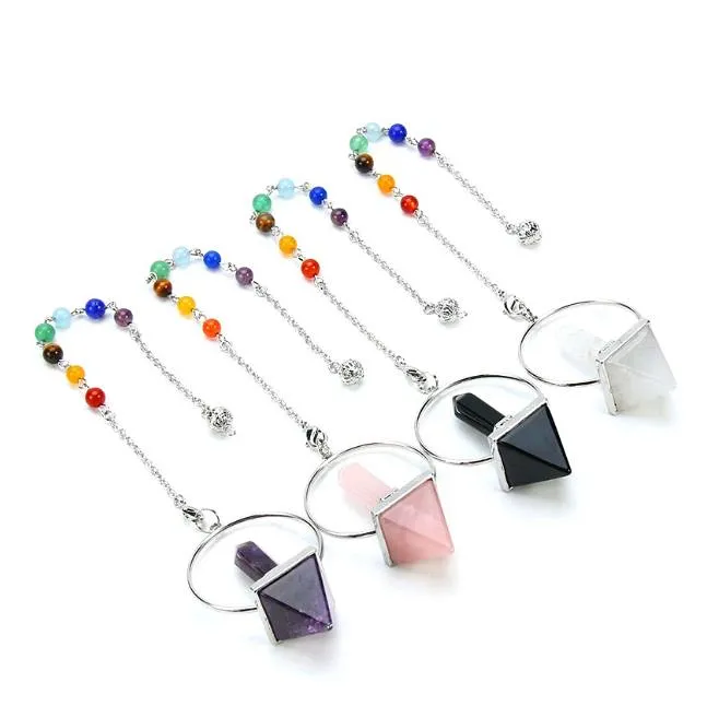 Reiki Healing 7 Chakra Pendulums For Dowsing Natural Stone Hexagonal Prism Pyramid Rose Quartz Pendulo