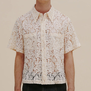 Chemise en dentelle florale boutonnée à manches courtes avec col de camp pour hommes, chemise en dentelle noire, dernière vente en gros à personnaliser