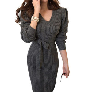 Robes en tricot côtelé sexy à <span class=keywords><strong>col</strong></span> en <span class=keywords><strong>V</strong></span> de bonne qualité pour femmes, robe longue en maille à manches bouffantes avec ceinture - Product Image 3