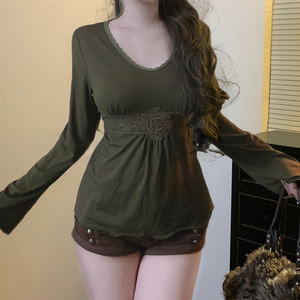 T-shirt à manches longues en dentelle vintage Y2K pour femmes |   Haut décontracté amincissant à taille haute, couleur unie, col en V, écologique et respirant - Product Image 4