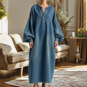 Loose Denim Maxi Dress V-neck Lantern Sleeves Solid Color Casual Eco-Friendly ODM Breathable Natural Waist Spring - Product Image 2