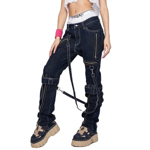 Jeans pour femmes personnalisé <span class=keywords><strong>2022</strong></span> automne Style punk Denim <span class=keywords><strong>classique</strong></span> bretelles Bondage amovibles <span class=keywords><strong>pantalon</strong></span> à fermeture éclair - Product Image 1