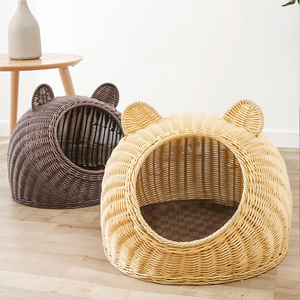Dog Cat Kennel in Home Replaceable Covers Handmade Generic Rattan Woven Semi Enclosed Pet Villa Cat <b>Nest</b> House Dog <b>Bed</b> - Product Image 2
