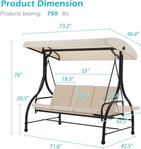 Cuscini rimovibili per esterni Beige a 3 posti sedia a dondolo per Patio che converte amaca a baldacchino con aliante oscillante con schienale regolabile e C