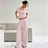 Ensemble décontracté Loveda avec logo personnalisé, nouvelle collection, t-shirt court à col carré rayé pour femme et pantalon droit