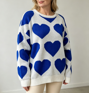 Suéter de <span class=keywords><strong>punto</strong></span> para <span class=keywords><strong>mujer</strong></span>, otoño-invierno, con estampado de corazones, oversize, cuello redondo, hombros caídos, acanalado, informal, cómodo, suave y cálido. - Product Image 1