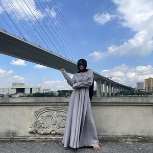 6430# Pleated Round Neck Front Lace up Tunic Large Hem Long Sleeves Elegant Dress Muslim Women Fashion <b>Maxi</b> Dresses Abayas - Product Image 4