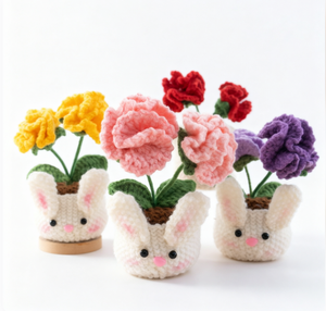 LINDOJUNI Crochet Double-Headed Carnation with Cute Rabbit Planter Knitted Artificial Flower for Home Decor - Product Image 1