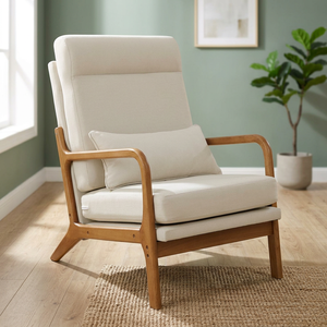 Fauteuil inclinable moderne du milieu du siècle avec structure en bois et revêtement crème pour salon - Product Image 3