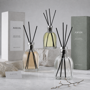 Aikun 150ml Clear Ribbed Round Glass Silver Collar <b>Reed</b> <b>Diffuser</b> Gift Set Black Sticks Textured Sage Box for Home Fragrance - Product Image 1