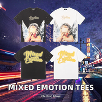 MIXED EMOTION Nouveau style urbain, tricoté, respirant, surdimensionné, imprimé, manches à rivets, pour hommes et femmes, manches courtes, coton/bambou