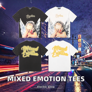 เสื้อถักสไตล์สตรีทใหม่ MIXED EMOTION ระบายอากาศได้ดี ทรงโอเวอร์ไซส์ พิมพ์ลาย แขนเสื้อประดับหมุด สำหรับผู้ชายและผู้หญิง แขนสั้น ผ้าฝ้าย/ใยไผ่ - Product Image 2