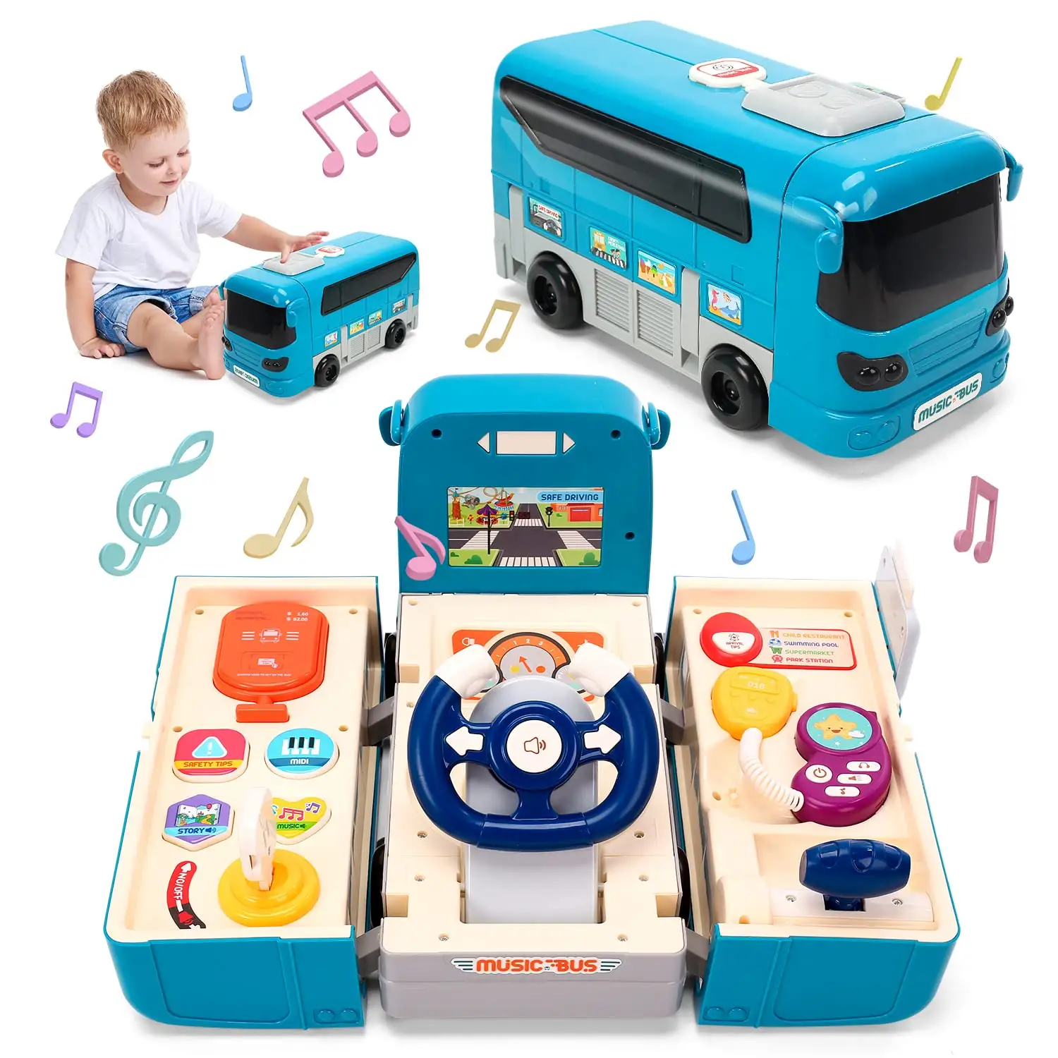 Tommabo Educacional Multifuncional School Bus Toy 3-in-1 Play Veículo Volante Som Luz Transformando Ônibus para Crianças