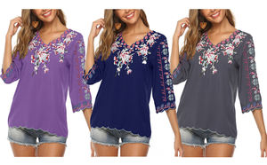 Blusa estilo bohemio con manga corta para verano, <span class=keywords><strong>camisa</strong></span> estilo bohemio con bordado para <span class=keywords><strong>mujer</strong></span> - Product Image 6