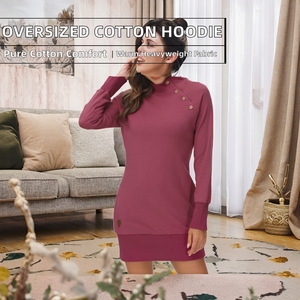 Sweat-shirts longs surdimensionnés pour femmes, 100% coton respirant, doublés, col montant, fermeture éclair, pour l'hiver et l'automne, OEM - Product Image 2