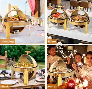 Roll Top Stainless Steel Gold Chafing Dish Buffet Set Round Keep Food Warmers Buffet Chafing Dish With Perspective Window