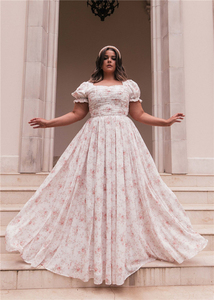 2024 Summer Vacation Elegant Fat Women Puff Sleeve Floral Ruched <strong>Plus</strong> <strong>Size</strong> Maxi <strong>Dresses</strong> - Product Image 3
