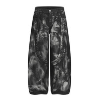 Pantalon d'été ample à jambe large pour homme, en denim délavé, style industriel punk, avec clous peints à l'encre, tendance streetwear ODM