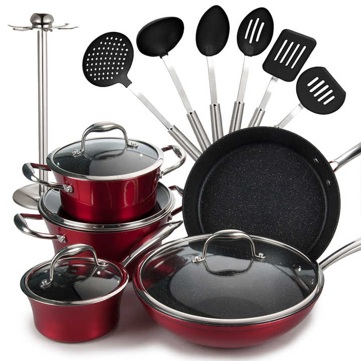 16piece Jinhua China Factory Kitchen Utensils and Forged Aluminum Non-stick Cookware Set
