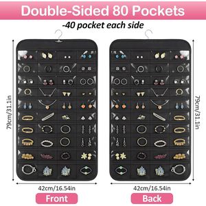 Hanging Jewelry Organizer 80 Pockets Clear Storage Earring Holder <b>Black</b> Modern Design for Jewelry <b>Accessories</b> - Product Image 2