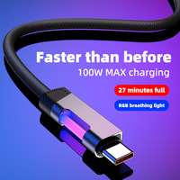 Kabel Pengisian Cepat 100W Max, Nylon Braided USB A ke Tipe C, C ke C, C ke LCord Dengan Lampu RGB Berpendar