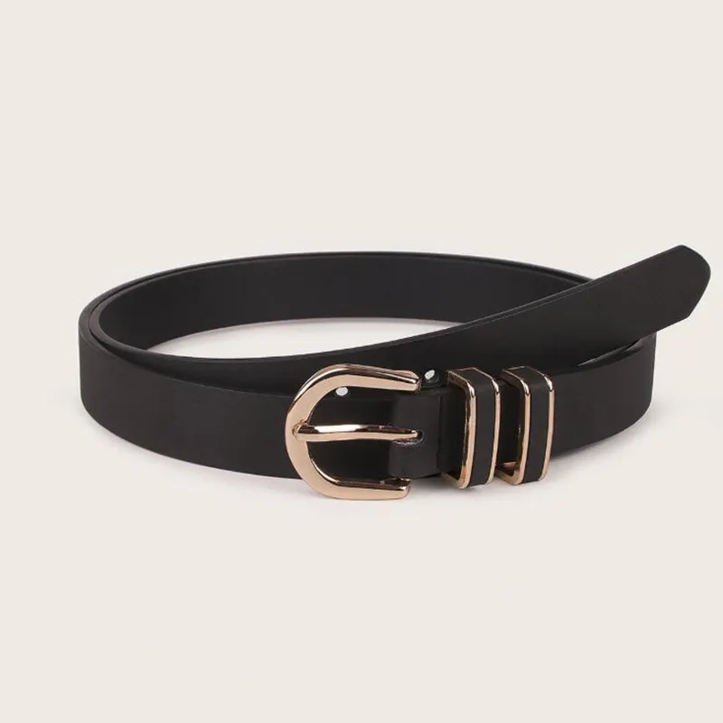New texture women's double ring leather real Buckle Black Smooth fashionable young pu belt