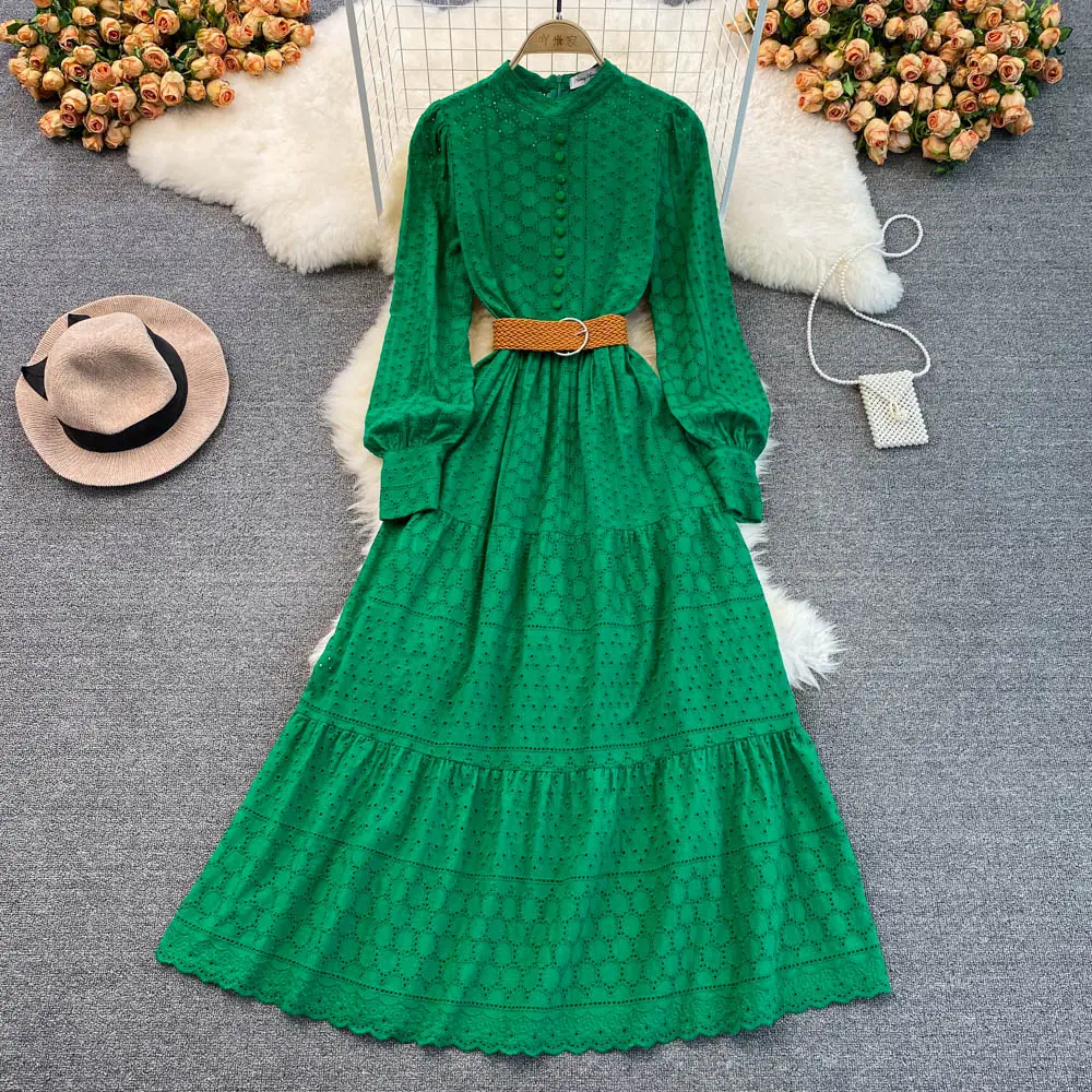 Runway 2022 Spring Embroidery Long Dress Women White Black Green Hollow Out Single Breasted Long Sleeve Ladies Party Dress