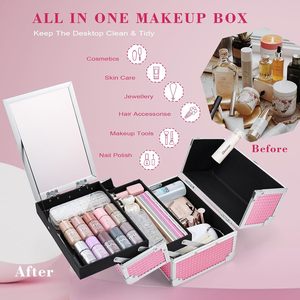 Portable <b>Makeup</b> Case with Mirror 2-Tier <b>Makeup</b> <b>Box</b> Organizer Traveling Cosmetic Suitcase Storage Craft Nail Suitase for Girls - Product Image 2