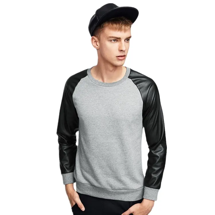 PU Leather Sleeve Pullover Man Fleece Sweatshirt
