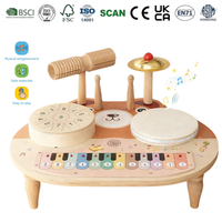 Ensemble d'instruments de musique en bois naturel sûr pour tout-petits, table de jeu de percussion 5-en-1 avec piano, hochet, tambours et cymbales, jouet sensoriel