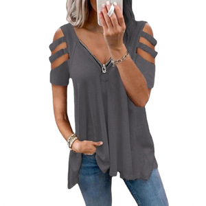 Women's Waffle <b>Zipper</b> V-Neck Off Shoulder Short Sleeve T-Shirt Solid Color Breathable Plus Size <b>Top</b> - Product Image 3