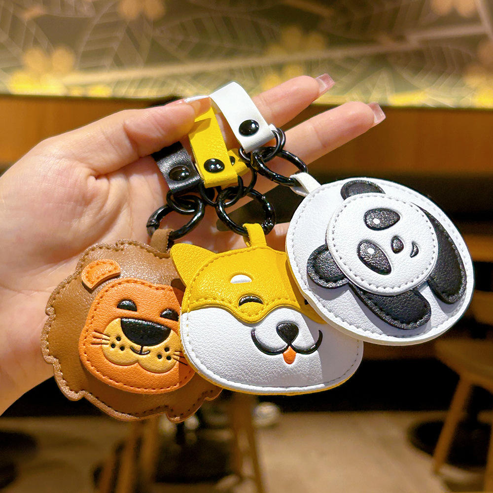 Wholesale PU Leather Cartoon Animal Keychain Cute 3D Animal Doll Lion Dog Panda Leather Pendant Car Key Chains Bag Charms
