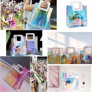 Custom Holiday <b>Wedding</b> Birthday <b>Gift</b> <b>Wrap</b> With Handle Rainbow Transparent Reusable Medium Pvc Hologram Bag - Product Image 3