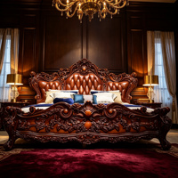 Hochwertiges Vintage-Bett mit Walnuss-Finish, Echtes Leder, Schwere Tiefengravur, Robuster Rahmen, Luxuriöses Holzbett für Penthouse-Hauptschlafzimmer