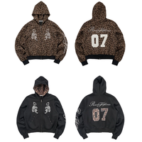 Sweat à capuche zippé personnalisé imprimé léopard pour homme, broderie, rivets décoratifs, coupe oversize, style streetwear Y2K, pour l'hiver