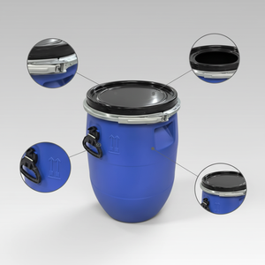 Fût en plastique <span class=keywords><strong>bleu</strong></span> HDPE de <span class=keywords><strong>60</strong></span> <span class=keywords><strong>litres</strong></span> à ouverture supérieure avec cerclage en fer, qualité alimentaire, recyclable pour le lait - Product Image 6