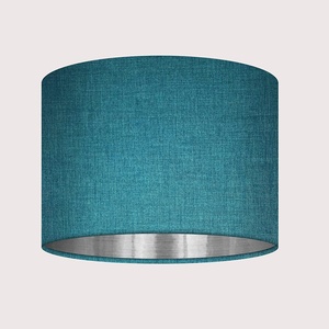 Modern Teal Blue 100% Linen Textured Fabric with a Brushed Silver Metallic Lining Drum pendant lamp shade - Product Image 1