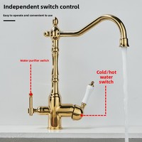 Robinet de cuisine rétro en cuivre de style européen, commande à levier, trois-en-un, eau froide et chaude, anti-éclaboussures, pivotant, à boire directement