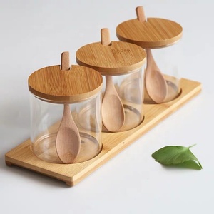 3er Pack Gewürz behälter mit Bambus deckel und Holz tablett Bambus löffel für Gewürz behälter Glas Gewürz glas <span class=keywords><strong>Set</strong></span> - Product Image 6