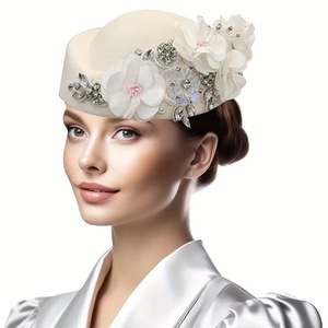 Sombrero de turbante de fieltro Vintage para mujer, tocado Derby de iglesia con flores, boina suave para mujer, gorras para fiesta, sombrero de azafata de aerolínea - Product Image 1
