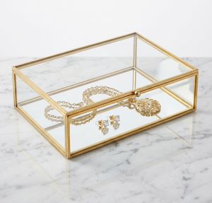 Luxuriöse Große Klare <span class=keywords><strong>Glas</strong></span>-Schmuckvitrine mit Goldverzierung Verpackung Fotografie Hochzeitsgeschenk Verspiegelter Boden für Schmuckaufbewahrung - Product Image 1