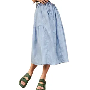 Женская белая юбка макси с принтом в полоску, расклешенная Повседневная трапециевидная юбка с зонтиком, длинные летние пляжные юбки с поясом