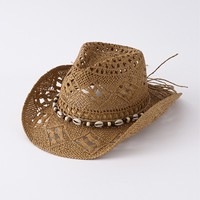 Chapeaux de cowboy en paille en gros avec bande de perles coquillages pour adultes, style western, pour fêtes à la plage et rodeo