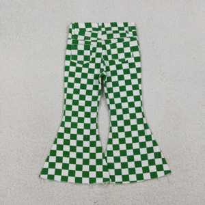 P00841 western clothes Little girl Boutique green white plaid solid print jeans denim kids wholesale toddler girl long <b>trouser</b> - Product Image 2
