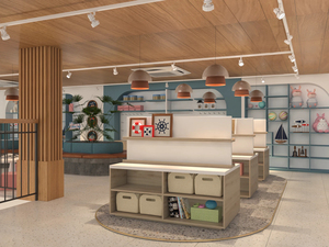 Service de design d'intérieur de librairie moderne sur mesure, aménagement élégant de papeterie avec étagères en bois éclairées - Product Image 1