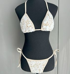 Etiqueta personalizada ESTOQUE Triângulo Branco Top Lace 3 Peças Beachwear Com Longo Beachdress Sexi Mulheres Maiô Biquíni Set - Product Image 6