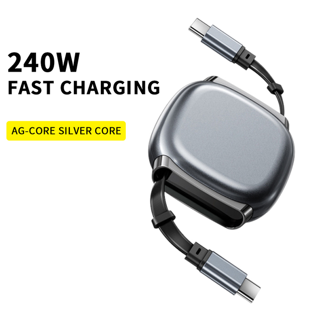 240W Super Fast Charging Retractable Data Cable Pure Copper Conductor ABS Jacket for Mobile Phones Tablets Laptops Car Use