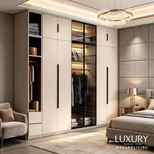 Armoire modulaire autoportante en bois moderne avec portes en verre, poignées en acier inoxydable, 4 étagères, pour la maison, la chambre, la villa, l'hôtel, l'école - Product Image 1