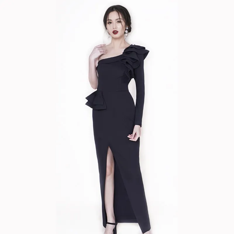 High-end Latest One Shoulder Slit Ruffle Gowns Long Sleeve Black Party Evening Maxi Dress