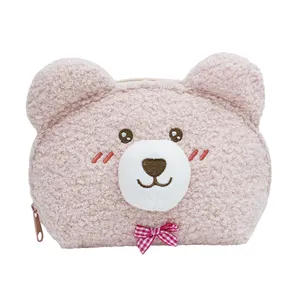 Bolsa de cosméticos de maquillaje suave, bolso de viaje de oso de peluche esponjoso rosa, bolsa de aseo de moda